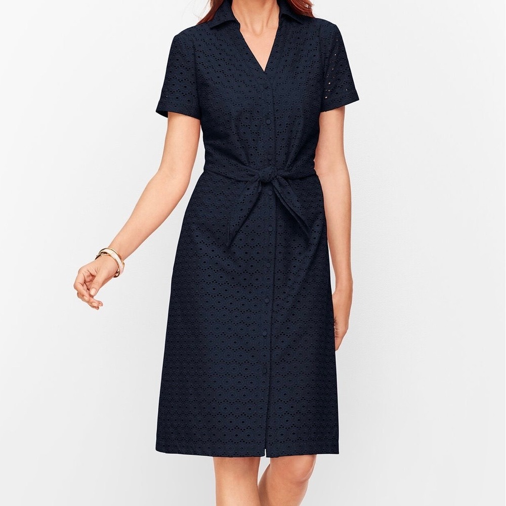 Talbots Eyelet Tie Front Shirt Dress Women 6 Blue Coastal Preppy 100% Cotton